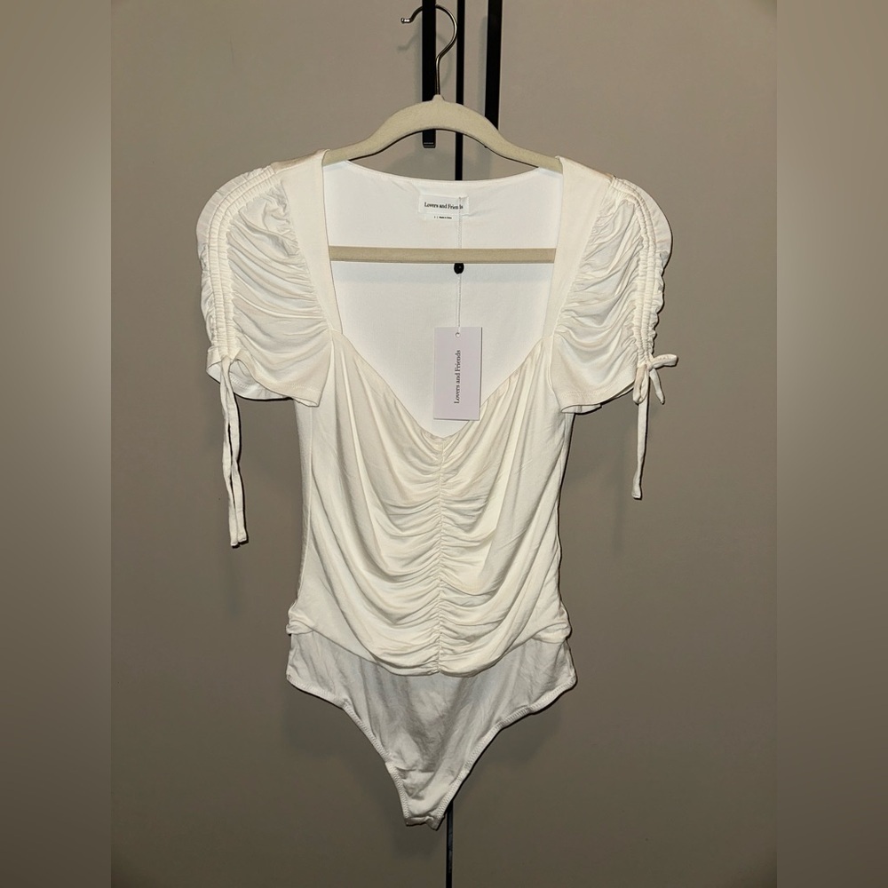 NWT Lovers & Friends Jupiter White Ruched Puff Sleeve Bodysuit size Small - Picture 6 of 8